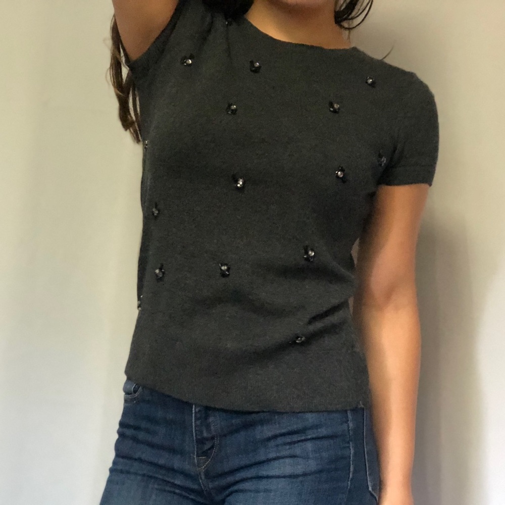 Grey Beaded Knit Short Sleeve Sweater Too